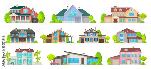 Real estate private buildings, villas, cottages and bungalow exterior cartoon icons. Vector residential homes, village real estate townhouses residence apartments, city private living property
