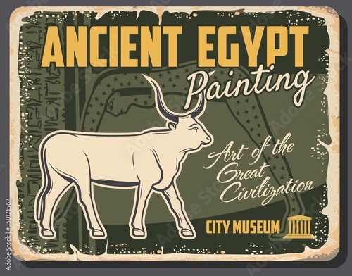 Ancient Egypt, god Apis or Hapis bull symbol, son of Hathor, primary deity in Egyptian civilization pantheon. Vector retro poster. Travel tour to historical ancient heritage museum