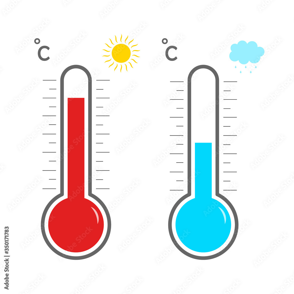 Thermometer icons. Hot and cold temperature. Symbol meteorology and weather. Measurement of heat for celsius or fahrenheit. Scale of thermostat. Meter, control of cool and warm climate. Vector Thermometer icons. Hot and cold temperature. Symbol meteorology and weather. Measurement of heat for celsius or fahrenheit. Scale of thermostat. Meter, control of cool and warm climate. Vector