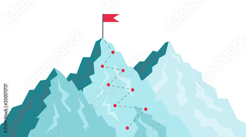 Path in mountain. Success journey with goal in destination. Challenge for leaders growth. Flag in peak of progress. Top target in career. Route and plan for sport, business climb achievement. Vector © Wise ant