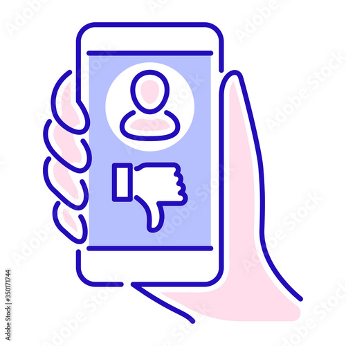 Cyberbullying victim hand holding smartphone. Abuse, internet, hate concept. Social media insult. Isolated vector element. Outline pictogram for web page, mobile app, promo.