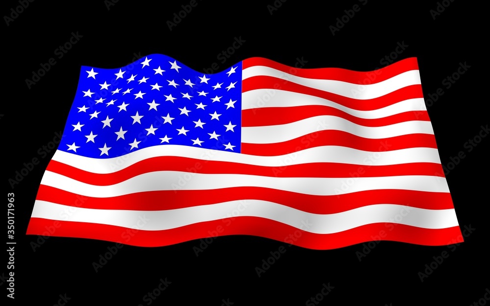 Fototapeta premium Waving flag of the United States of America on a dark background. Stars and Stripes. State symbol of the USA. 3D illustration