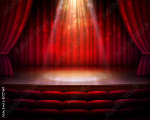 Stage with red curtains, spotlight and seats vector background of theater or theatre, cinema, movie, opera and concert hall. Empty performance scene, velvet draperies and backdrop, stage light, chairs