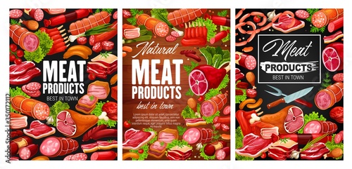 Meat, chicken legs, smoked sausages. Butcher shop products in vector. Pork ham and veal medallions, sausages, beef steak and lamb, kotelet and salami. Cervelat wurst, mutton ribs and knife, farm meat