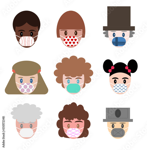 People of many nationalities wear various patterns face masks to protect themselves and others from dangerous germs and horrible viruses, Far from Covid-19 flat style vector cartoon concept.
