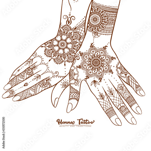 Female hands with traditional indian henna tattoo. Template for tottoo salon banner, wedding invitation, gift voucher, label. Vector illustration.
