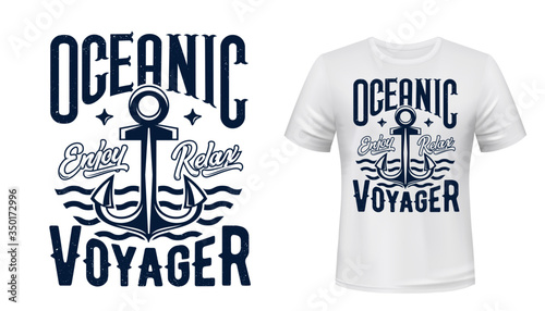 Sail ship anchor, t-shirt print. Sea cruise vector garment template with blue grunge typography on white apparel mockup. Sea team club t-shirt vector mockup with ocean trip emblem of waves and anchor