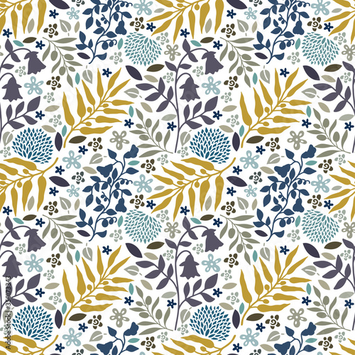 Seamless pattern. Flowers, herbs, leaves, branches, berries
