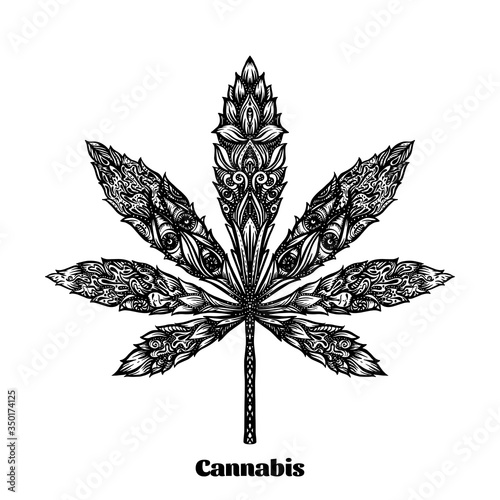 Cannabis leaf decorated with original modern pattern. Element for design. Vector illustration In decorative style. Ethnic patterned ornate hand drawn..