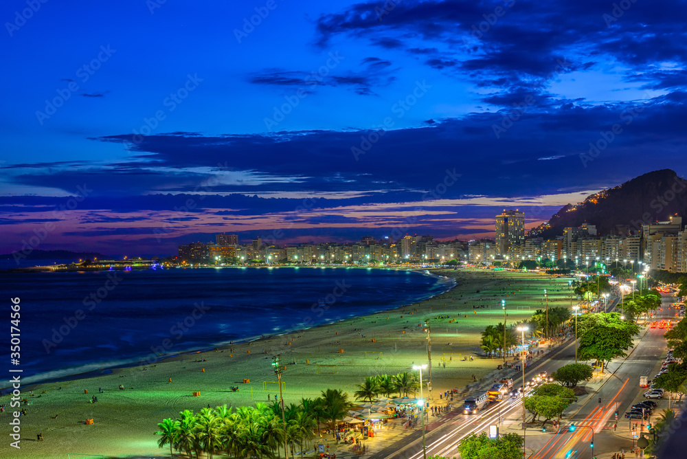 Night view of Copacabana beach and Avenida Atlantica in Rio de Janeiro, Brazil