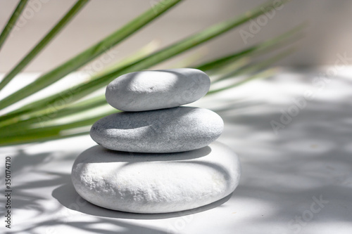 Three grey roundstones and green leaves on white background. Spa stones, zen like concept.