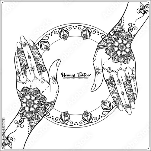 Female hands with traditional indian henna tattoo. Template for tottoo salon banner, wedding invitation, gift voucher, label. Outline vector illustration.