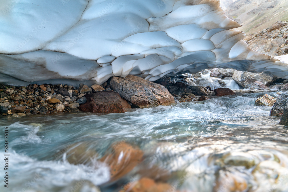 The beautiful view of frozen glacier and Kaznok river neat to Zmeya peak in Fann mountains in Tajikistan The beautiful view of frozen glacier and Kaznok river neat to Zmeya peak in Fann mountains in Tajikistan