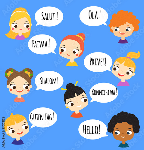 cartoon children speaking different languages. Boys and girls of world ethnicity talking. kids saying hello in native language
