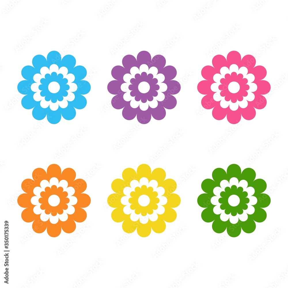Set of flat icon flower icons in silhouette isolated on white. Cute retro design in bright colors