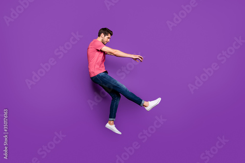 Canvas Print Full length profile side photo of minded guy jump wind blow he fall fly lose gra