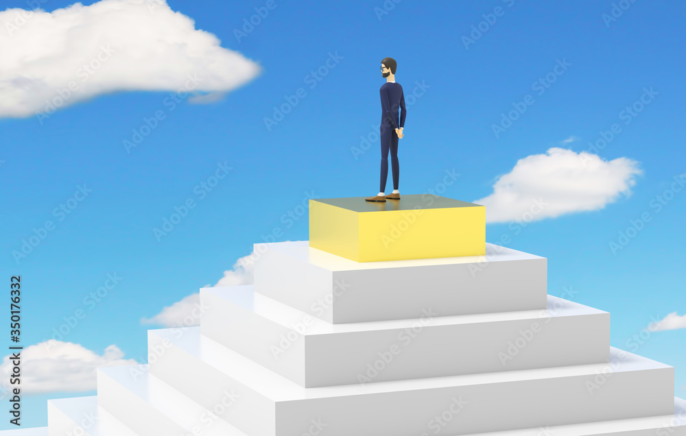 Businessman is standing on the golden top of a pyramid. Concept of success and achievements. 3D illustration Businessman is standing on the golden top of a pyramid. Concept of success and achievements. 3D illustration