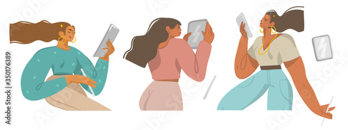 Hand drawn vector abstract stock graphic illustrations collection set with quarantine girls who worked at home on tablet computer with pencil isolated on white background