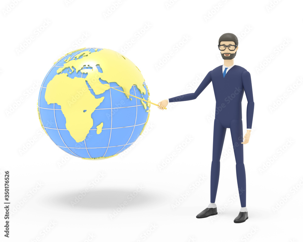 Man makes presentation and shows at the Earth with Africa and Near East on foreground. 3D illustration Man makes presentation and shows at the Earth with Africa and Near East on foreground. 3D illustration