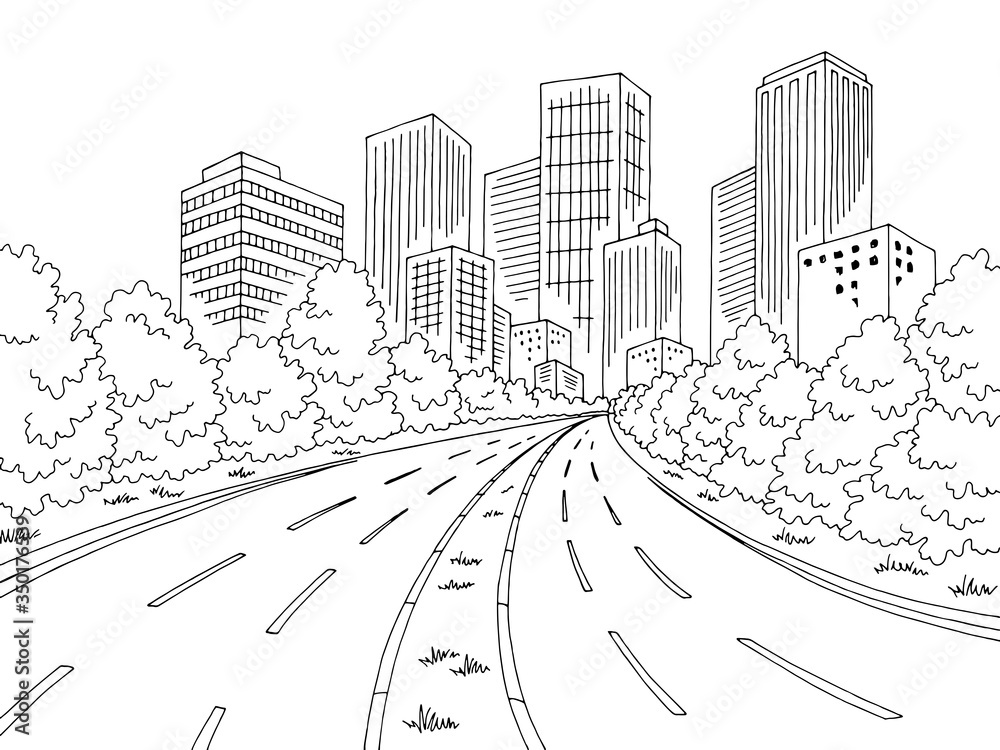 Road city graphic black white landscape sketch illustration vector