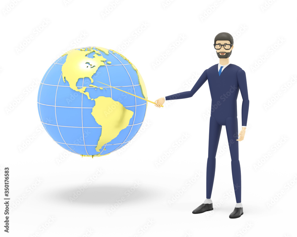 Man makes presentation and shows at the Earth with North and South America on foreground. 3D illustration Man makes presentation and shows at the Earth with North and South America on foreground. 3D illustration