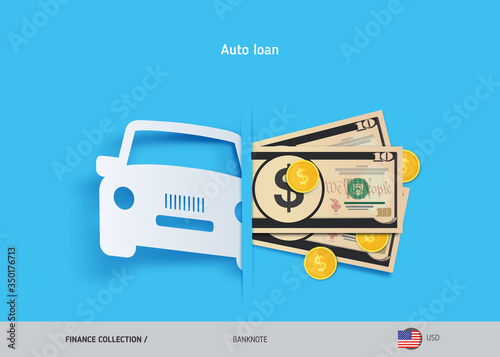 Car loan concept. 10 US Dollar banknotes and gold coins . Flat style vector illustration.