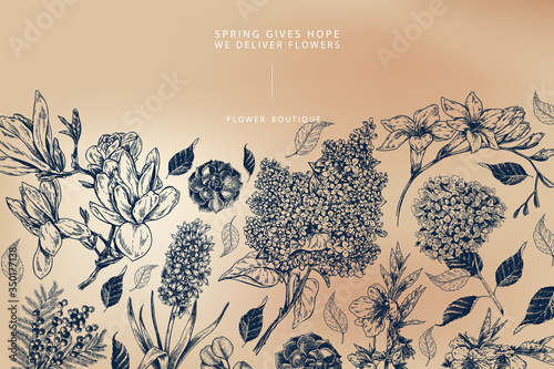 Hand drawn spring flowers. Engraved vector magnolia, freesia, hydrangea, lilac, sakura and hyacinth. Flower delivery boutique. Wedding, party decoration, invitation, greeting card.