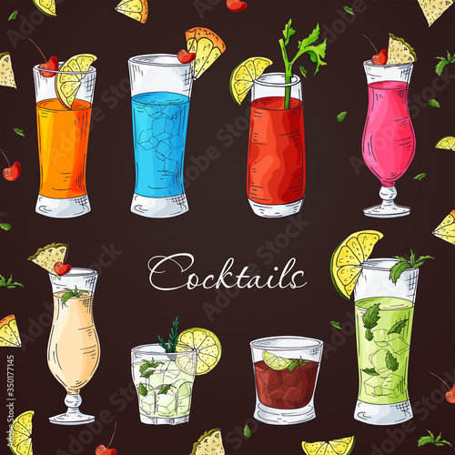Cocktail drinks set in different glass in hand drawn sketch style. Alcoholic drinks in glasses in vintage drawing vector illustration