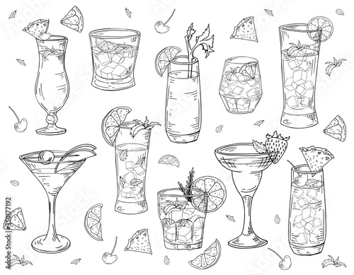 Cocktails hand drawn set in sketch style. Alcoholic drinks in different glass isolated on white background.Beverage elements for bar menu or poster. Vector illustration