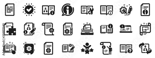 Set of Instruction, Plan and Manual icons. Technical document icons. Help document, Building plan and Algorithm symbols. Technical blueprint, Engineering instruction, Work tool, building. Vector