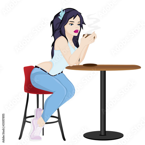 Girl in a cafe drinks coffee. Vector art