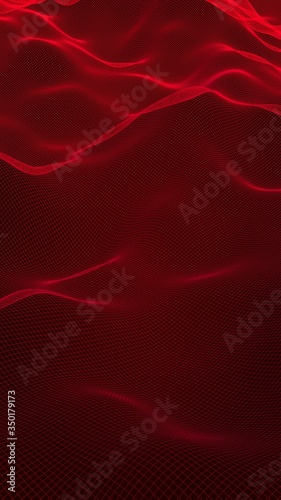 Abstract landscape on a red background. Cyberspace grid. hi tech network. 3D illustration. Vertical orientation