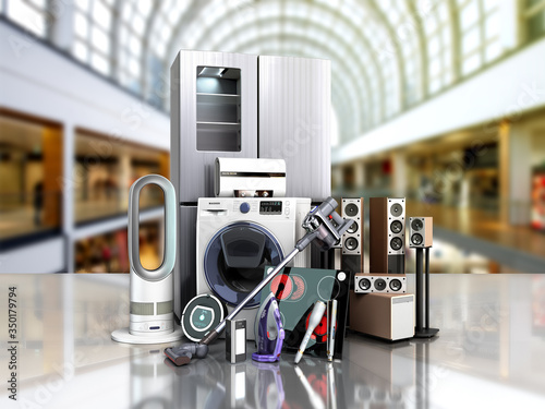 Home appliances E commerce or online shopping concept 3d render sale background