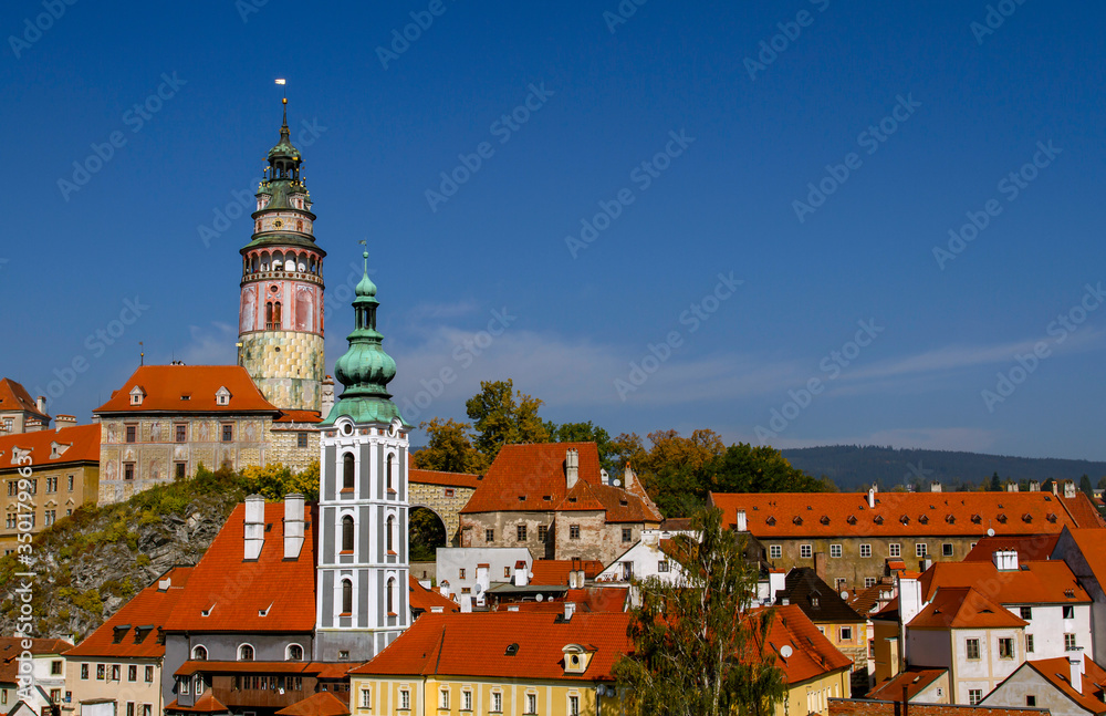 View to Cesky Krumlov . View of the city  in the sunny  day. Czech Republic. Historical town. Tourism in Europe. Castles and fortresses of the Czech Republic. UNESCO World Heritage.