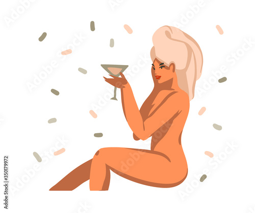 Hand drawn vector abstract stock graphic illustration with young happy female takes a bath with a towel on her head and drinks a cocktail at home isolated on white background