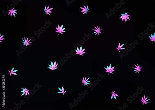 Cannabis leaves seamless pattern, background. Vector illustration in neon, fluorescent colors. Isolated on black background.