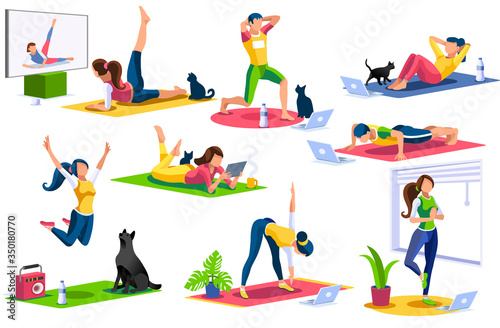 Girl wellness, sports at home by workout doing. Healthy workout for the body, home indoor sports for female wellness. Training female indoors for body health concept. Cartoon style vector illustration
