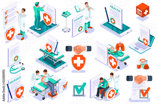Medicine insurance security care for life. Hospital diagnosis design, health care document filling concept. Document health diagnoses medical insurance. Text and cartoon character vector illustration