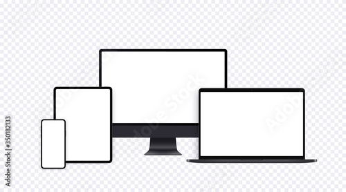 Realistic computer mockup set with desktop, laptop, tablet and smartphone. Black electronic device set with blank screens in front view, pc template, opened notebook, pad and mobile phone display.