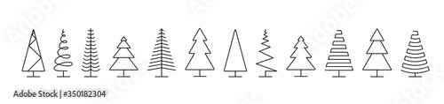 Christmas trees icons. Trees icons in a row, isolated on white background. Panorama view. Christmas tree in line flat design. Eps10