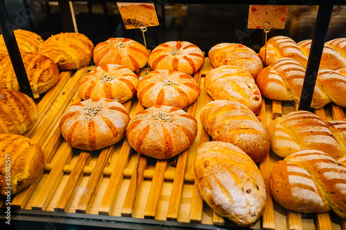 Fresh and beautiful pastries in a shop window
