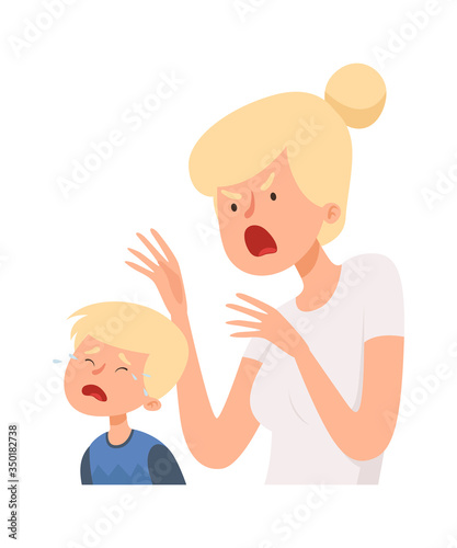 Angry woman. Baby boy crying, female screaming. Bullying, domestic violence and abusing. Isolated mother and son vector illustration. Bullying on son by mother, boy crying and exhausted