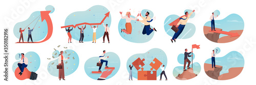 Business, motivation, coworking, teamwork, career, brainstorming set concept. Business people, business men and women coworkers. Teamwork, brainstorming, profit growth, motivation idea, team success