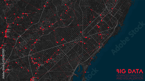 Big data in modern city. Abstract social information sorting visualization. Human connections or urban financial structure analysis. Complex geospatial data. Visual information complexity.