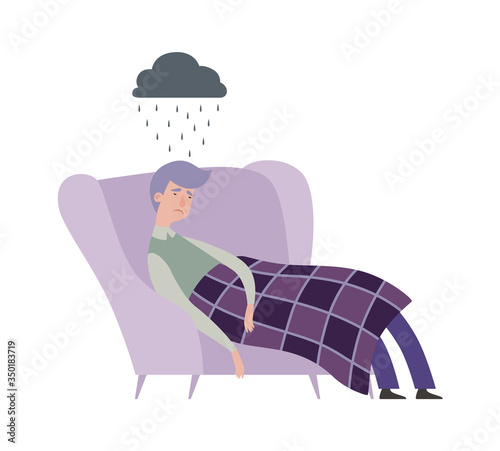 Tired man. Mental disorder, depressed male character. Isolated guy in chair, sad people vector character. Mental tired, man depression, stressed illustration