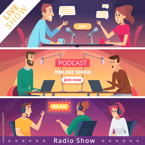 Radio show banners. Audio radio music microphones and headset live speakers vector illustrations. Radio show, microphone media studio