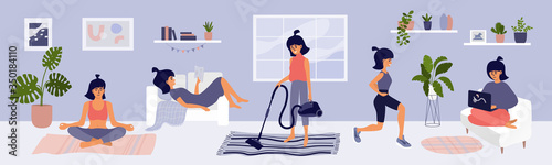 Young woman spending time at home. Cute girl choosing leisure activities. Reading, work on laptop, meditation yoga, sport workout, housework routine, cleaning. Lifestyle quarantine vector illustration