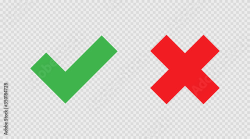 Check and cross mark on transparent background. Icon in flat style, isolated vector illustration