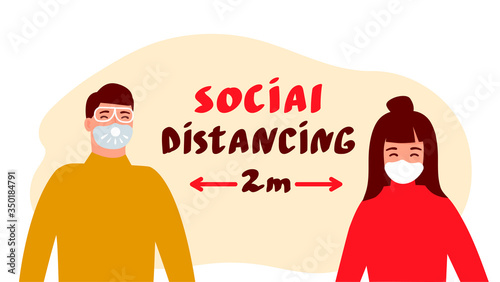 Social distancing concept man and woman people keep distance 2 meters to prevent from COVID-19 coronavirus. Vector illustration.