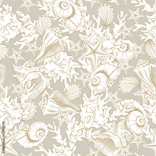 Seashells pattern background, vector sea shell, corals and starfish engraving on pastel beige. Marine and ocean underwater seamless pattern line art design for wedding or bridal decoration background